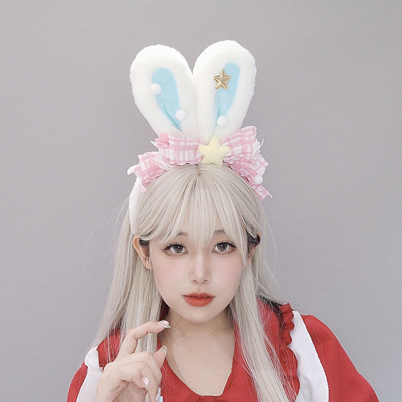 Japanese Style Cute Plush Bunny Hair Accessories Lolita Girl Comic Exhibition Headwear Ytk Bowknot Realistic Bunny Ear Hairband - Lolita Fetch