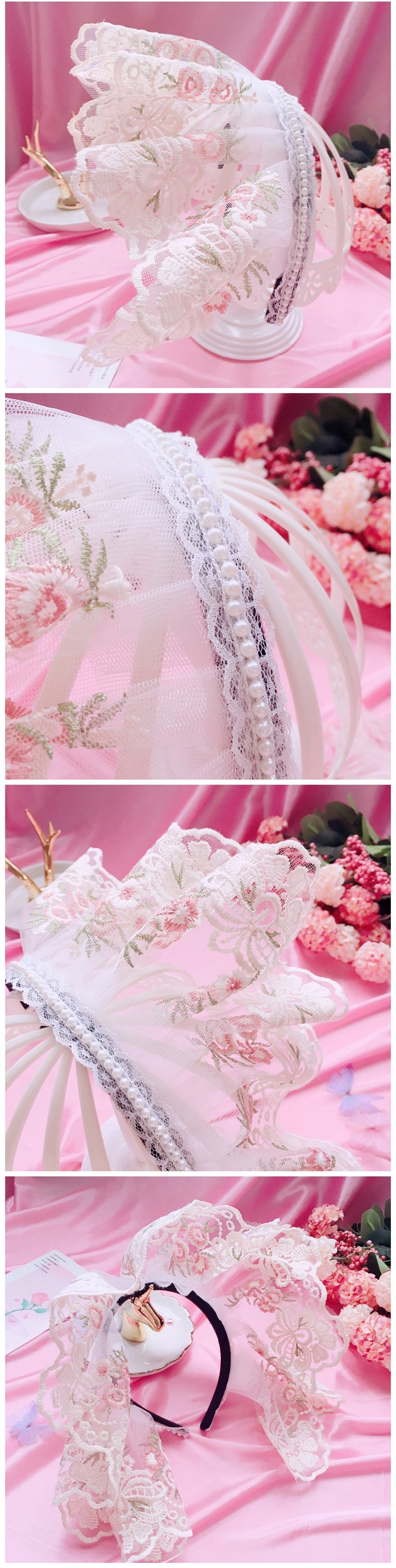 Embroidered Lace French Lolita Bonnet Headband - Vintage Lace Bnt Hat Headwear Hair Accessory