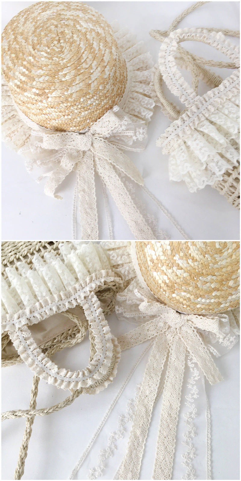 FanQ Handmade [Xuanxia] Mori Girl Style Bowknot Straw Hat Lolita Natural Color Lace Wide Brim Hat Summer Sunshade