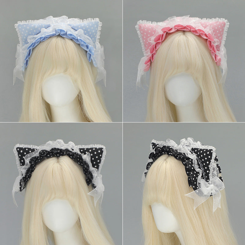 Harajuku Style Y2K Cat Ear Headband - Millennial Polka Dot Dopamine Accessory
