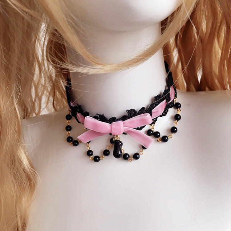 Multicolor Lolita choker necklace with heart pendant, handmade soft girl accessory, short girly jewelry for stylish fashion.