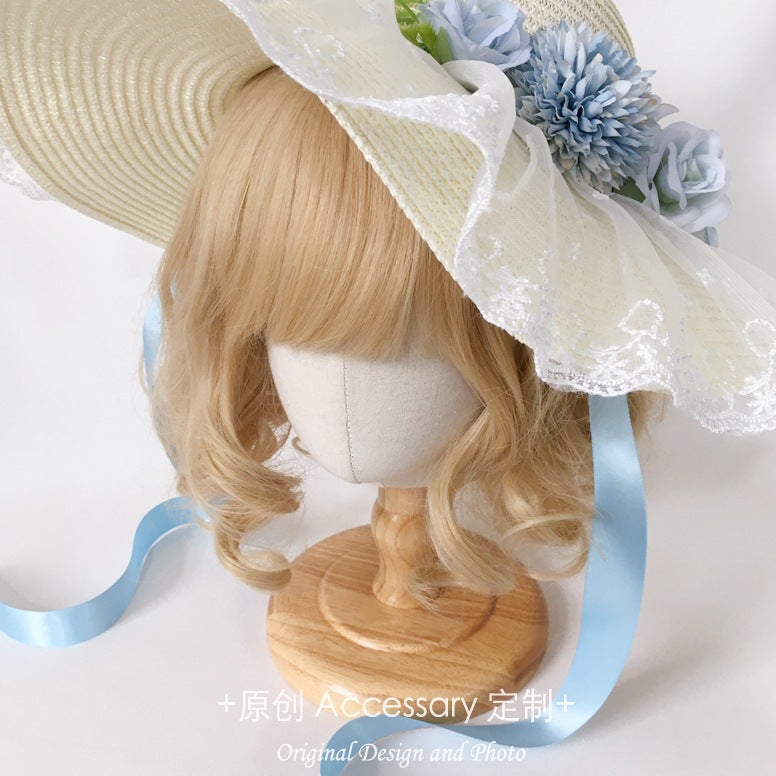 Original Handmade Lolita Sun Hat for Outings and Photos with Flower Bow Lace Wide Brim Sun Hat Straw Hat