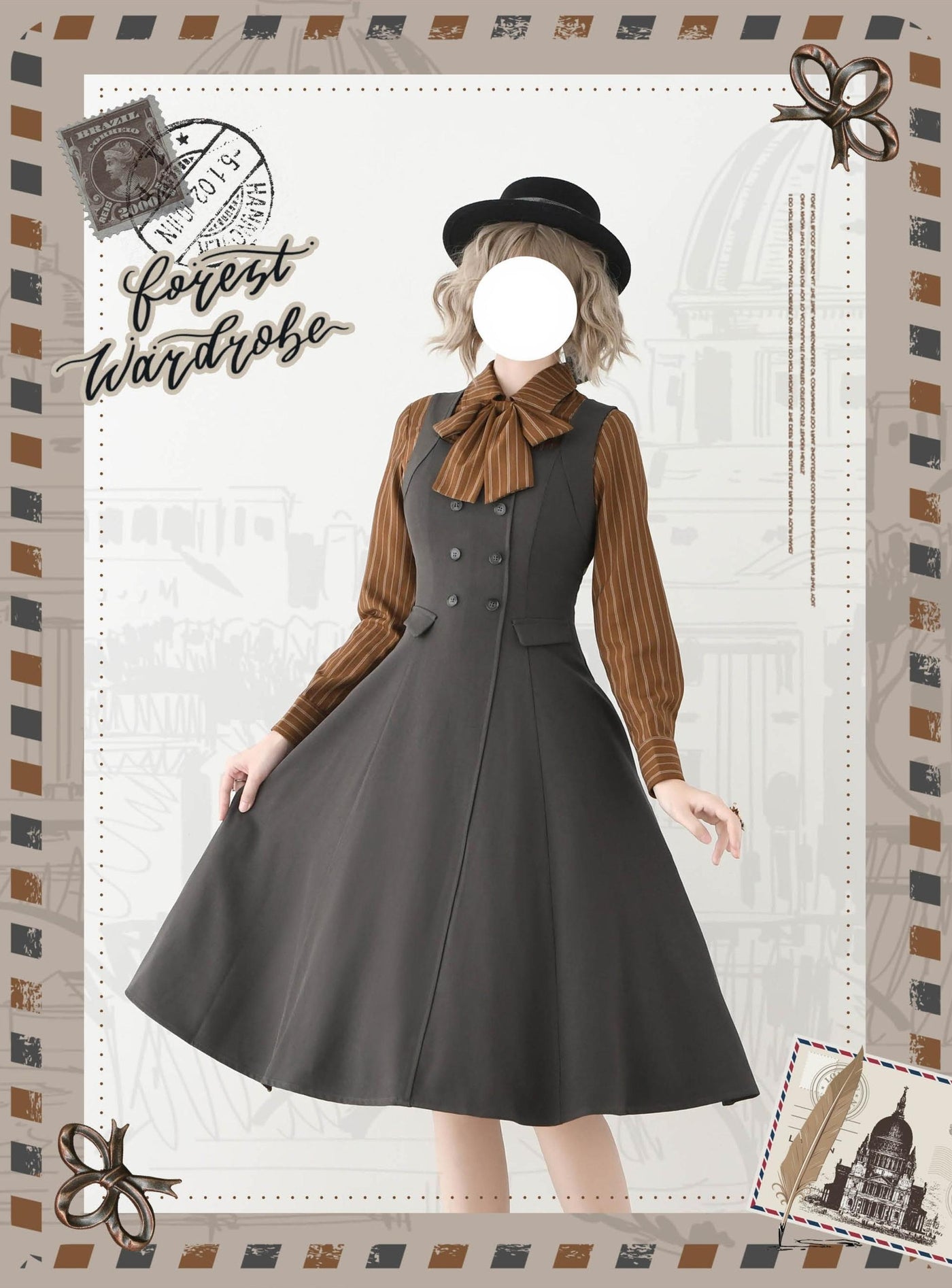 Forest Wardrobe - Forest Ode - Classic Lolita Striped Shirt, Detachable Bow Tie