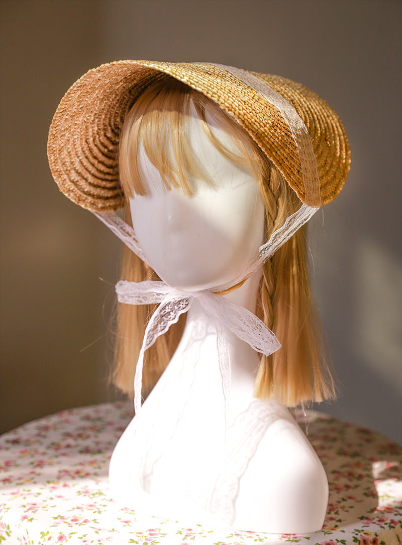 Vintage French Lolita straw flat hat with lace strap, handmade fashion accessory, featuring a charming and delicate design.