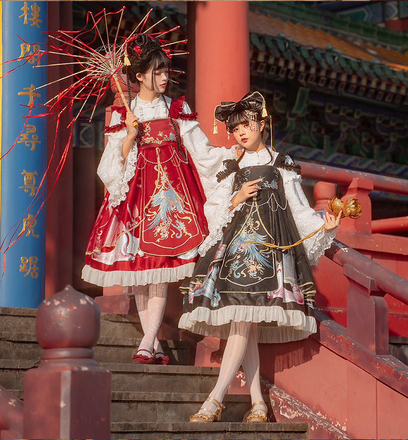 Morning Dew Hanfu - Inspired Lolita JSK | Gold - Woven Phoenix & Detachable Bead Chain - Lolita Fetch