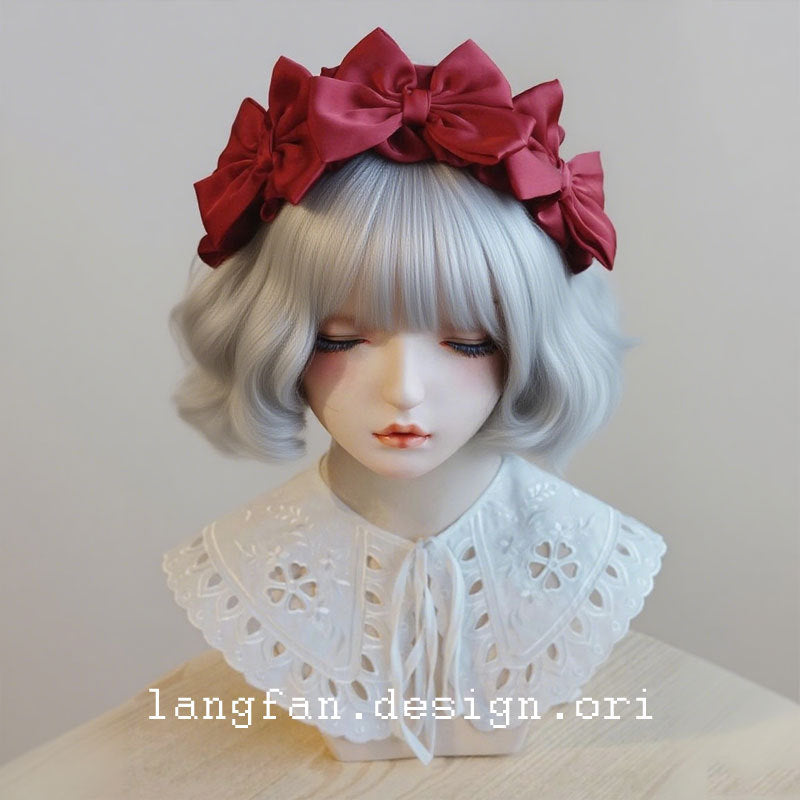 Original Handmade Red Wine Red Bow Hairband Headband Japanese Korean Lolita Ruffled Frill