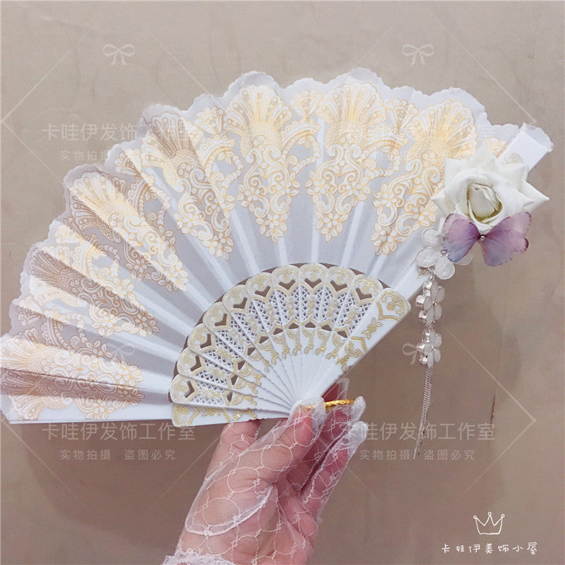 Lolita Handmade Bridal Lace gold stamping European style Gothic vintage folding fan with intricate design and elegant details.