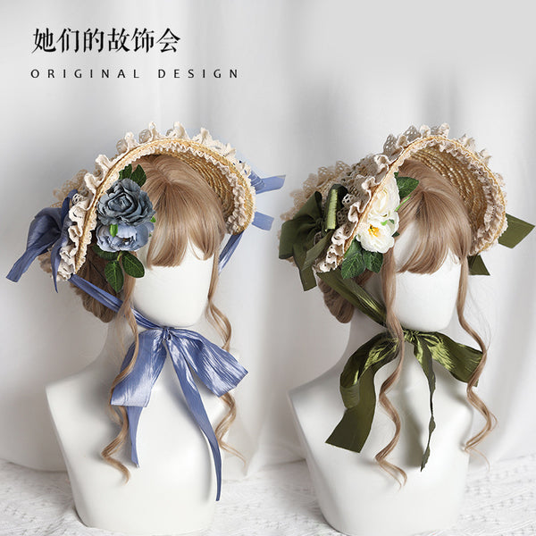Multicolor Bonnet Straw Hat Flat Hat Lolita Original Handmade Pastoral Style Elegant French BNT Hat - Lolita Fetch