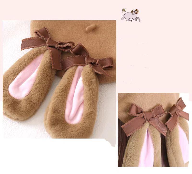 Xiaogui - Winter Lolita Beret Rabbit Ear Hat - Bow Beret Headwear
