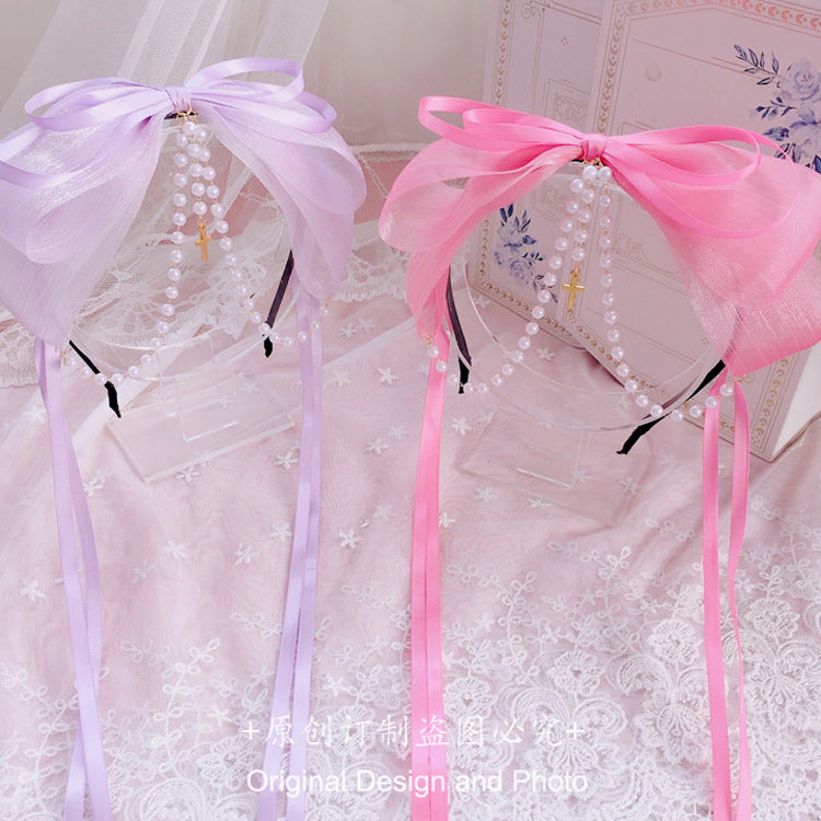 Original Handmade Lolita Double Layer Bow Ribbon Headband Lolita Pearl Cross Pendant Headband Hair Accessory