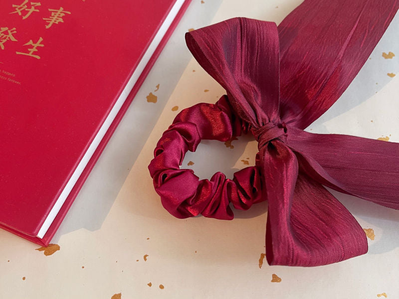 Handmade wine red Lolita bow headband with ruched detail, perfect for Lolita fashion styles by LolitaFetch.