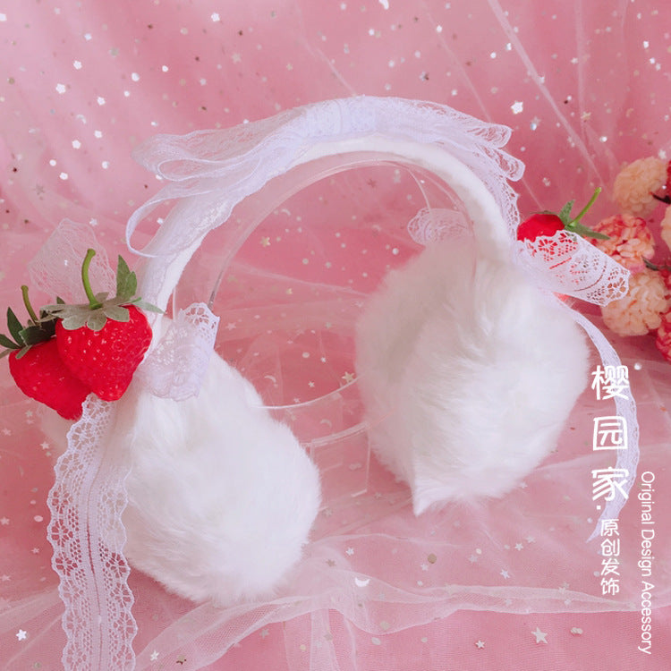 Christmas Warm Winter Lolita Plush Ear Muffs Strawberry Cat Ear Cute Ear Muffs Beautiful Lace Ear Covers - Lolita Fetch