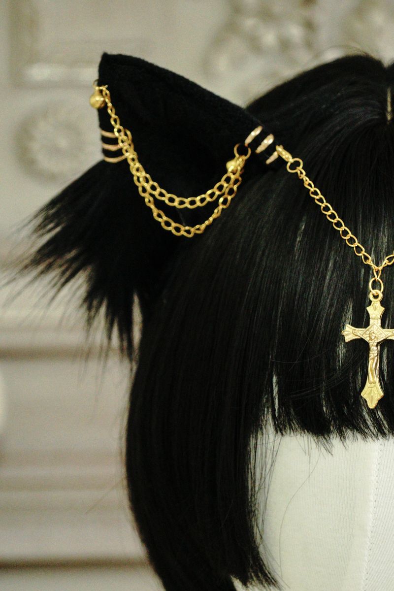 Original Handmade Lolita Chain Black Cat Ear Gothic Style Exotic Beast Ear Hair Clip Cosplay Comic Exhibition