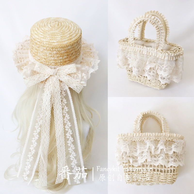 FanQ Handmade [Xuanxia] Mori Girl Style Bowknot Straw Hat Lolita Natural Color Lace Wide Brim Hat Summer Sunshade