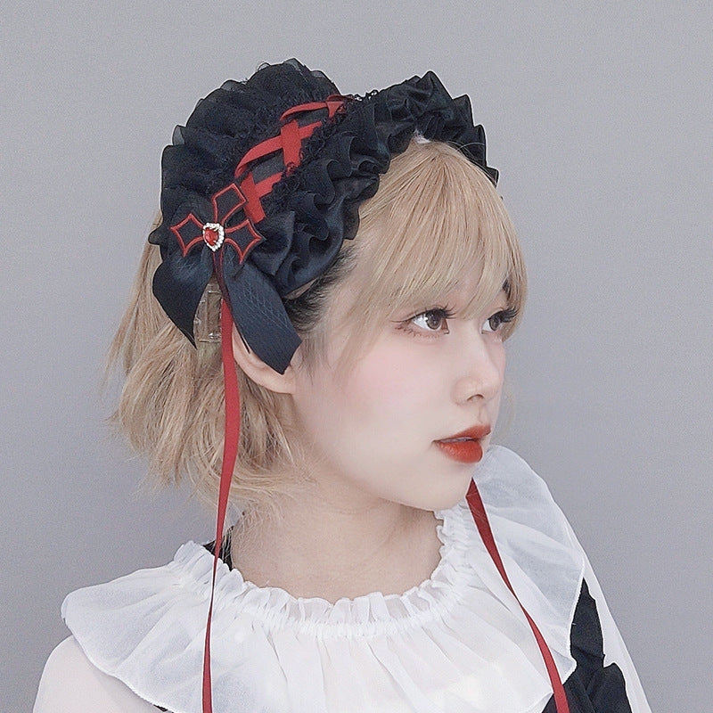 Dark Gothic Lolita Cross Lace Bow Hairband - Comic Con Cos Party Girl Headwear