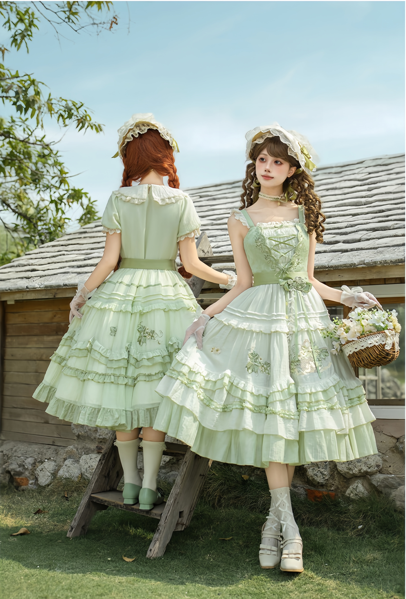 With PUJI - Green Grape - Embroidered Country Lolita OP Dress, Tiered JSK