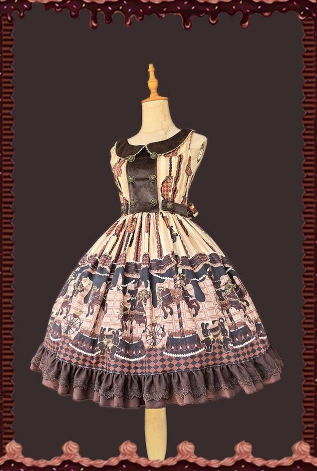 Infanta - Chocolate Carousel - Peter Pan Collar Old School Lolita JSK Dress, Carousel Print
