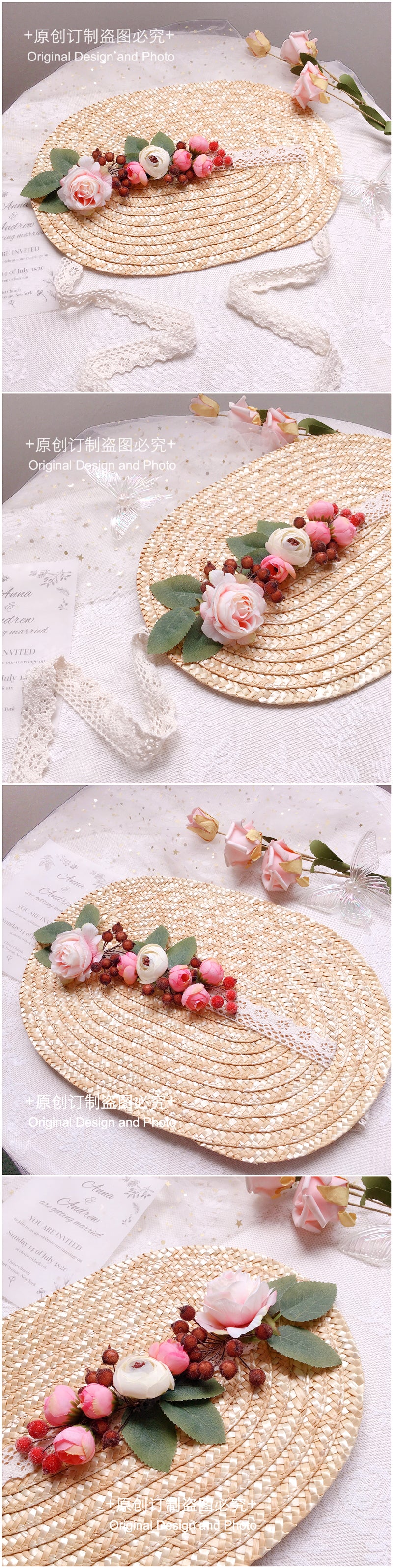 Handmade straw flat hat by LolitaFetch, featuring a tea party-inspired pastoral bonnet with delicate details and a charming vintage style.