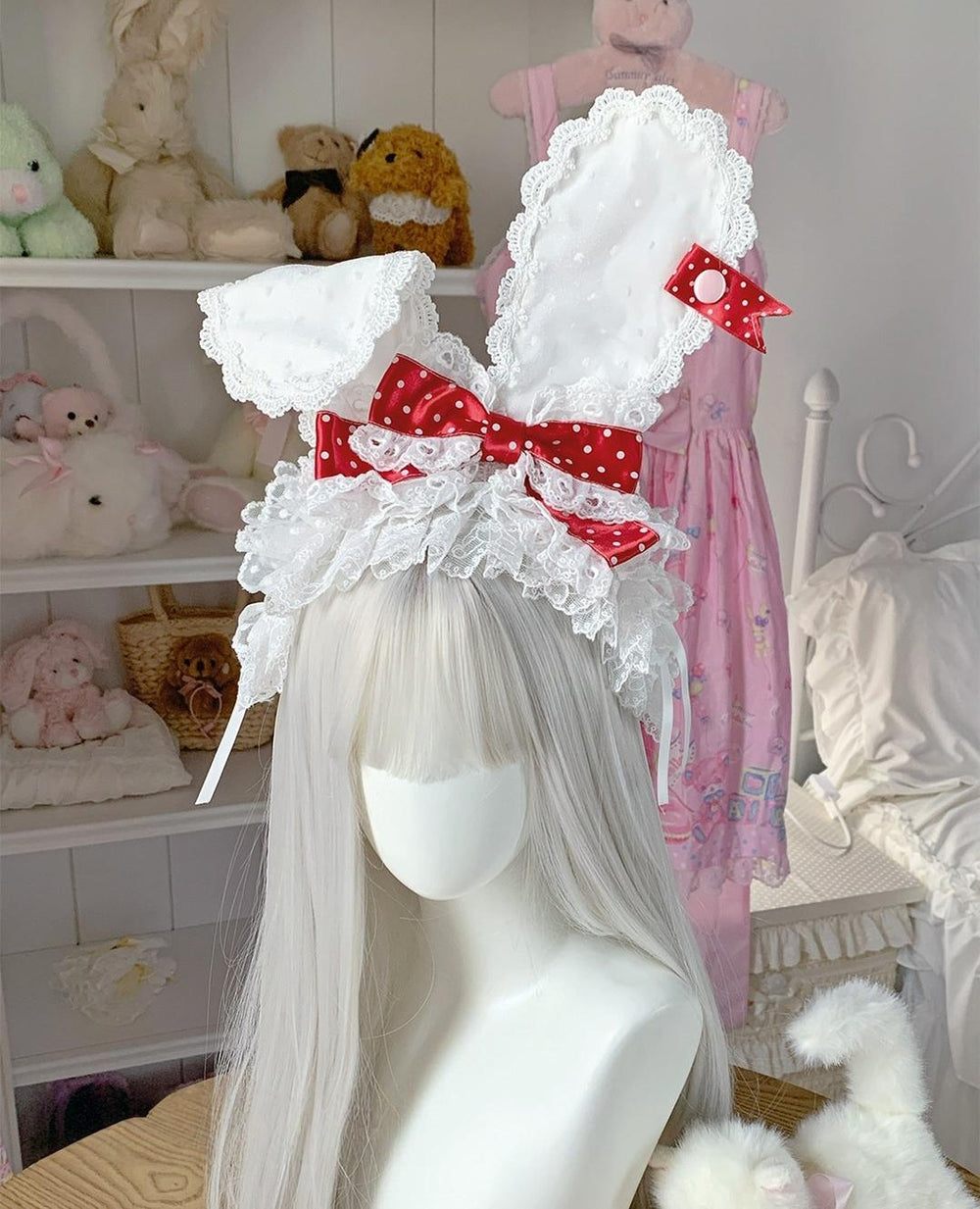 Roji Roji - Kawaii Lolita Bunny Ear Hairband - Polka Dot Bow Headwear
