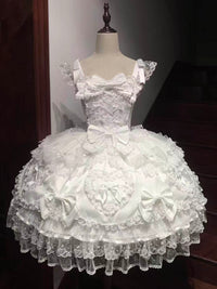 White Sugar Girl - Velvet Sweetheart - JSK Suspender Dress with Lace-Trimmed Bow Details - White jsk Suspender / S