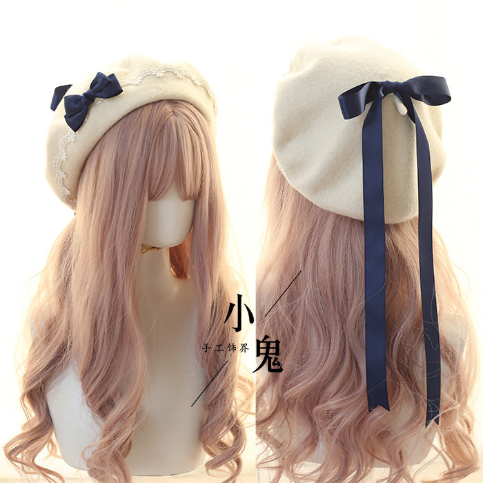 Beret Lolita Sweet Woolen Handmade Lace Bow Beret for Girls - Lolita Fetch