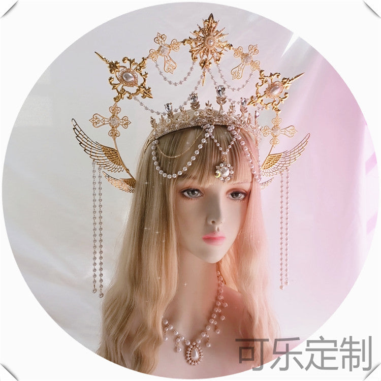 Handmade Virgin Mary Halo Angel Headband with ornate hair crown, featuring intricate details and elegant design by OP Dress from LolitaFetch.