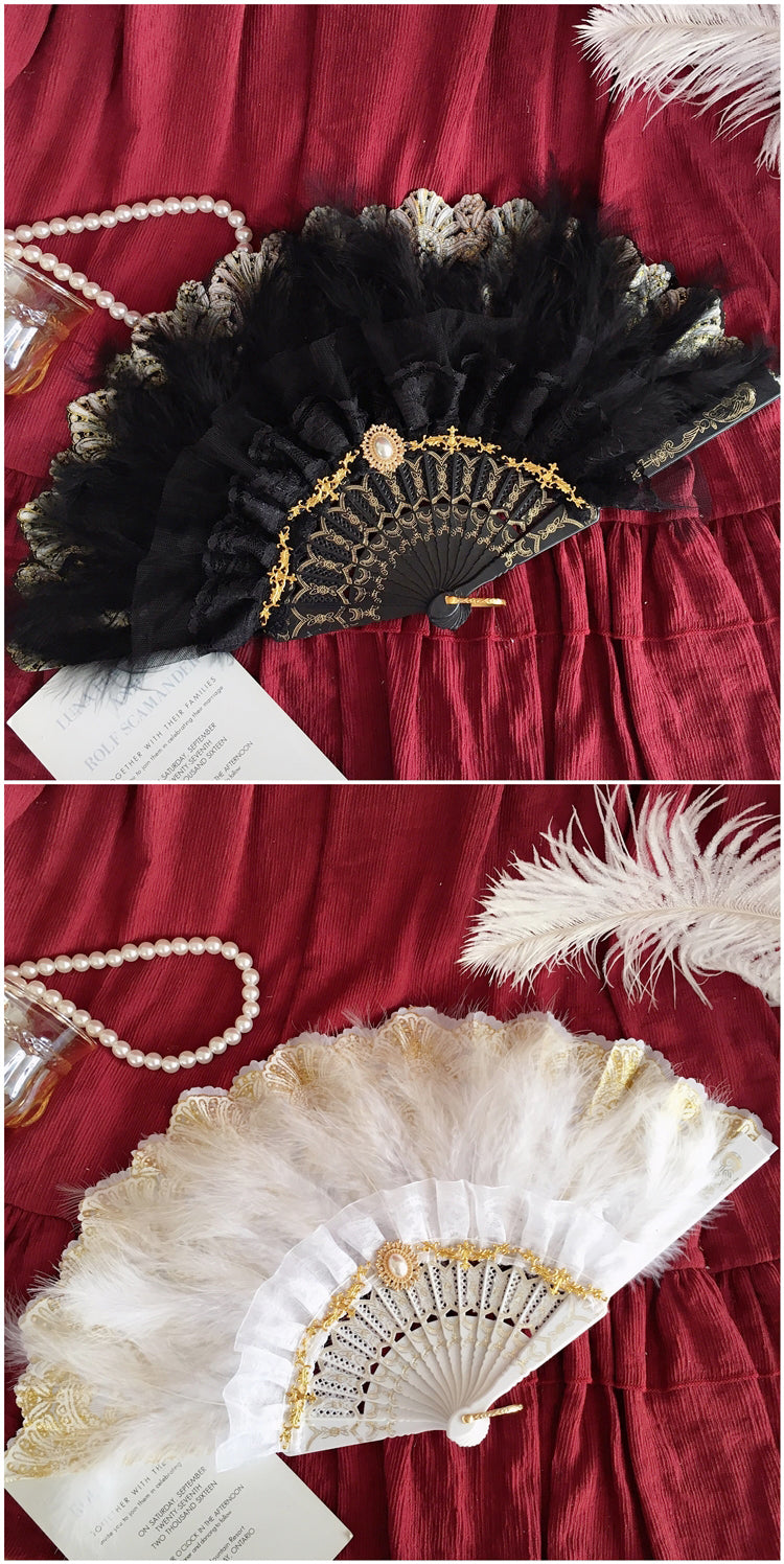 Lolita Retro Black White Lace Lolita Embossed Wedding Folding Fan Tea Party Feather Fan