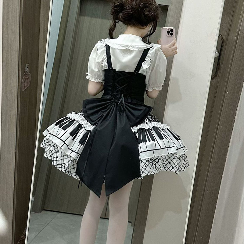 Black & White Sonata Piano Print Lolita JSK Dress - back and detachable train details
