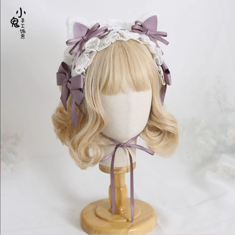 Xiaogui - Sweet Lolita Cat Ear Bow Headband Smoke Purple Cat Ear Hairband