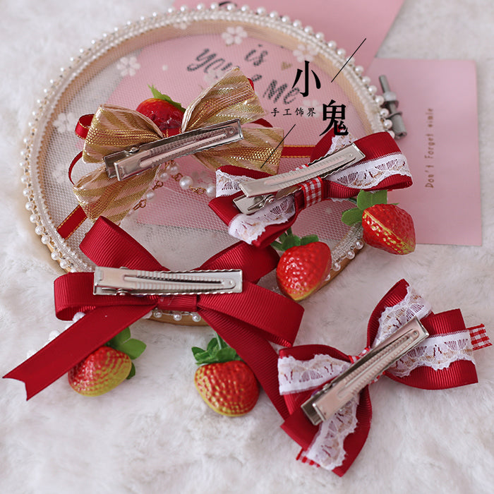 Strawberry Sweet Lolita Plaid Bow Hair Clip Hair Accessory Mori Style Strawberry Side Clip Japanese Soft Girl Cute Girl