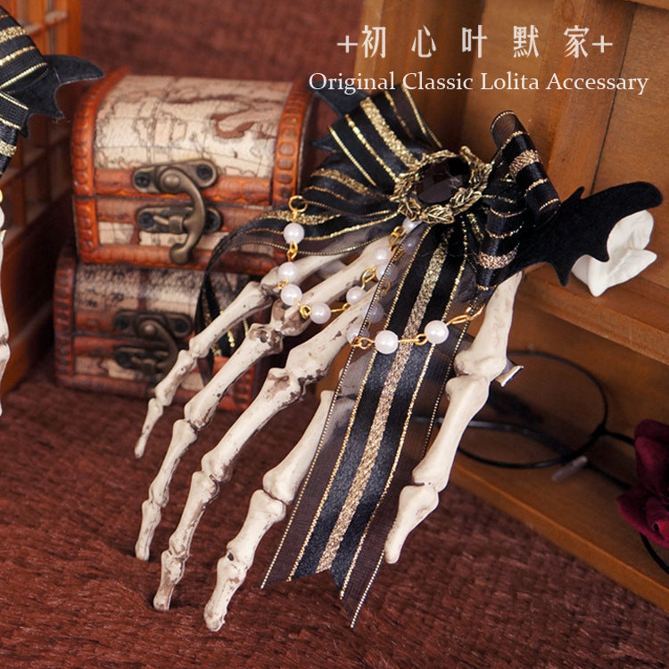 Halloween Gothic Lolita Pearl Chain Hair Clip Dark Style Skull Claw Wing Bow Hair Clip Brooch