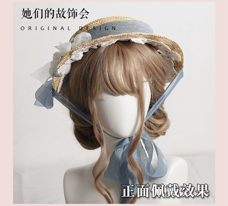 Lolita Flower Straw Hat for Women Summer Flat Hat Lolita Sun Protection Shade Han Yang Eclectic Mori Style Hat for Women