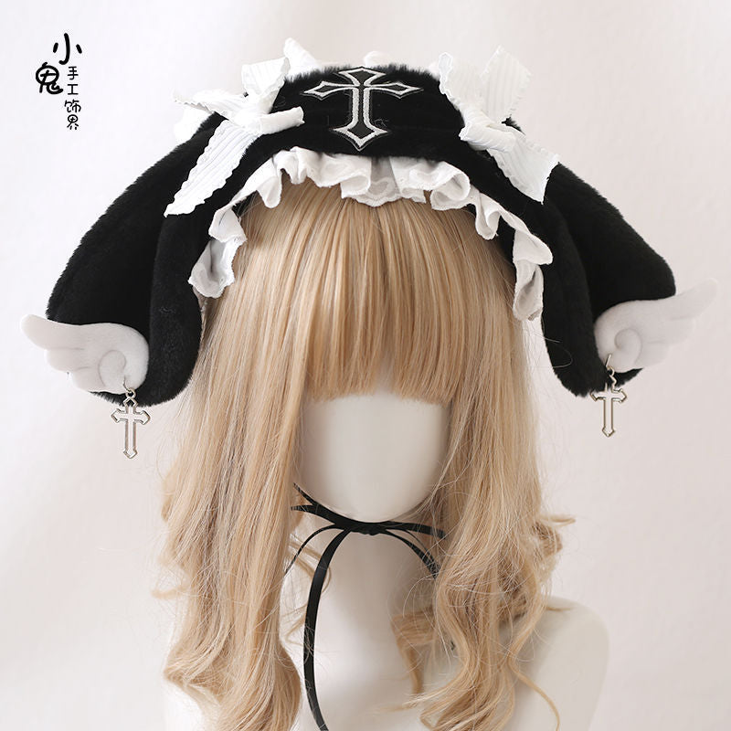 Lolita Bunny Ear Headband Subculture Cute Plush Angel Wings Lolita Hair Accessory Lolita Headwear