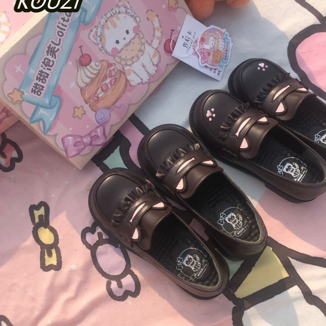 LolitaFetch Cat Academy Princess leather shoes with detailed design and pink accents, perfect for feline fashion accessories.