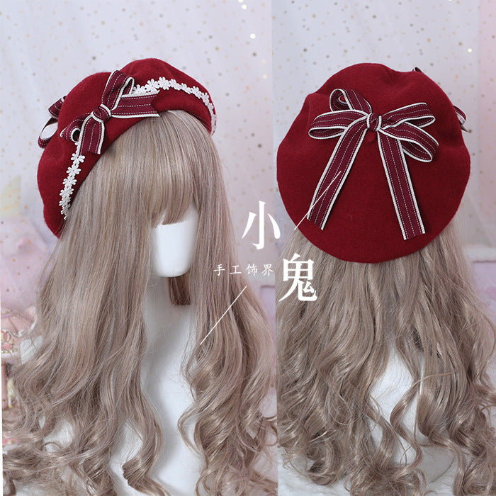 Beret Lolita Girl Sweet Cute Versatile Woolen Women Daisy Bow - Lolita Fetch