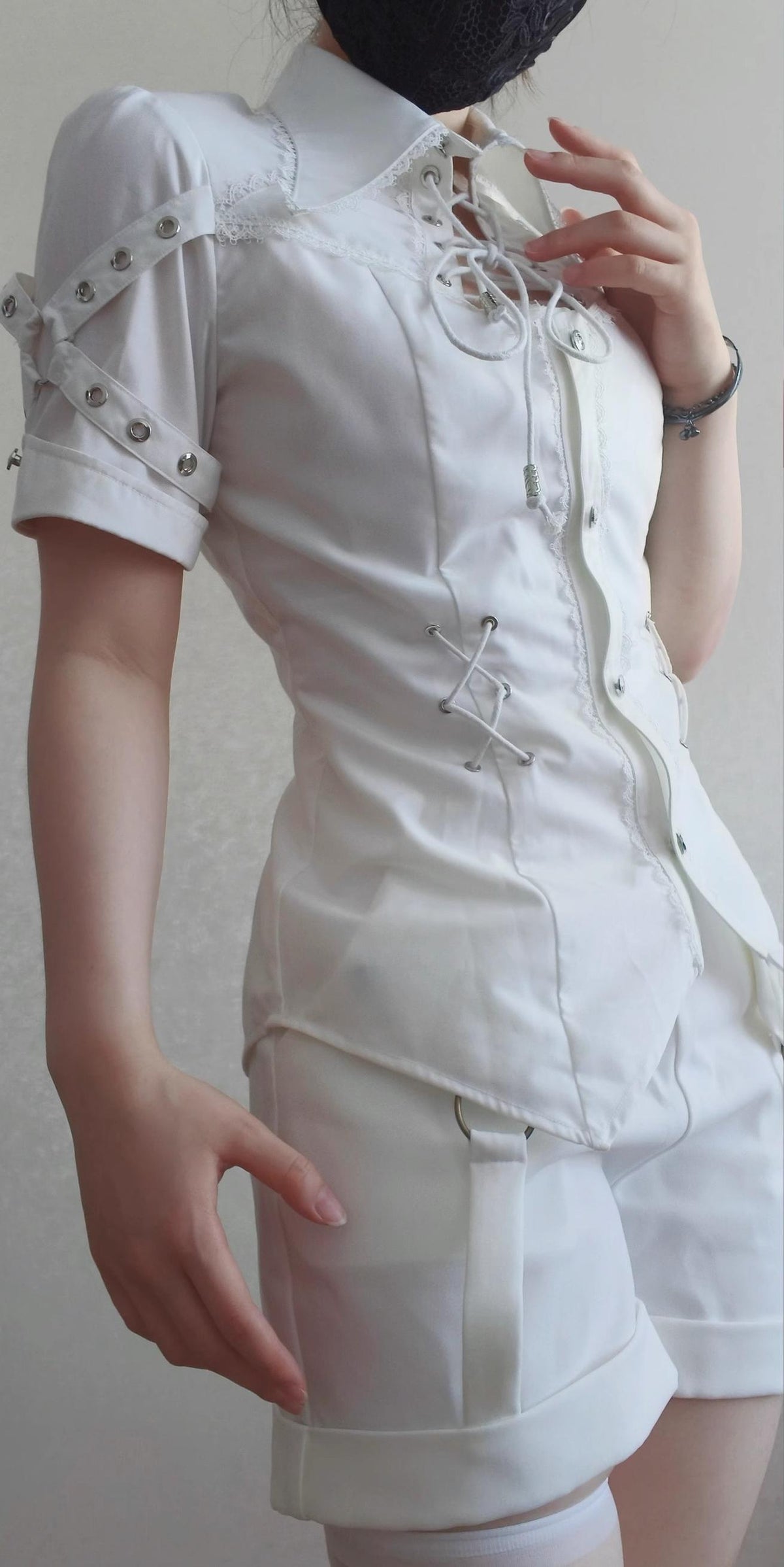 Gazing Galactic - Chest Cutout & Lace-Up - Ouji Lolita blouse with a prince-style lapel collar - product detail 5