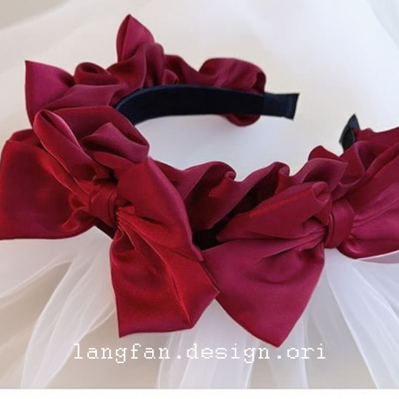 Original Handmade Red Wine Red Bow Hairband Headband Japanese Korean Lolita Ruffled Frill