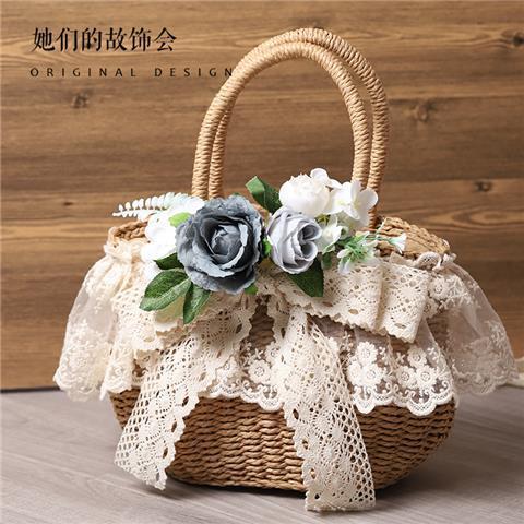 Original Handmade Straw Bag Lolita Lace Artificial Flower Beach Pastoral Soft Girl 2022 New Handbag Tote Bag