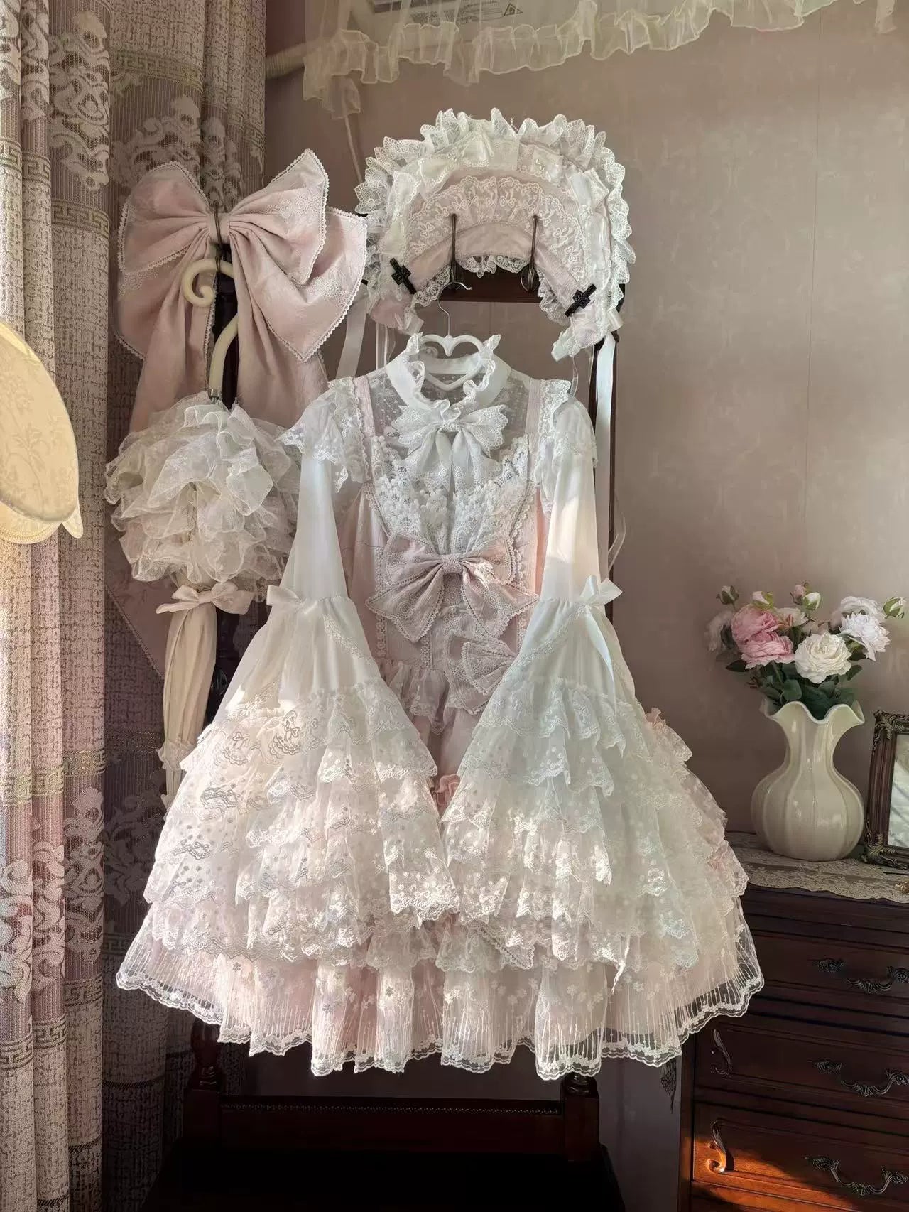 Sweet Princess Lolita floral lace trimmed bonnet by Snow Meow, featuring delicate lace and pastel floral details, perfect for Lolita fashion.