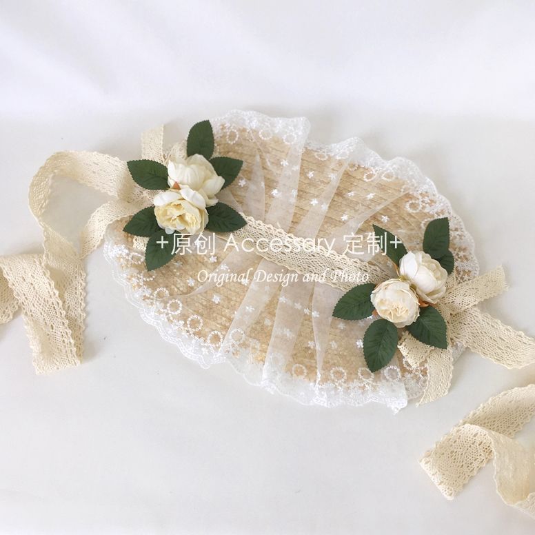 Handmade Lolita straw flat hat with elegant French style, perfect for tea parties and pastoral fashion, by LolitaFetch.