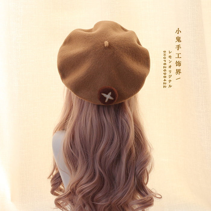 LolitaFetch wool felt beret with bear and mushroom embellishments, stylish hair accessory featuring playful, nature-inspired details.