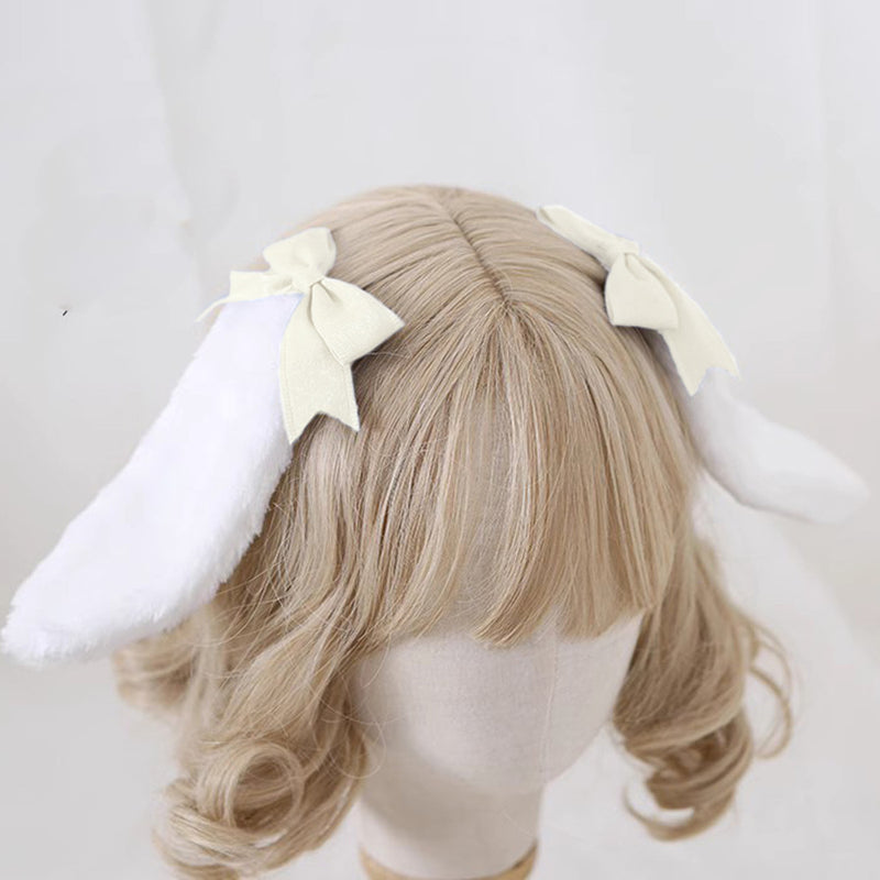 Handmade Sweet Ears Lolita bunny ear bowknot hair clip with OP dress, featuring adorable bunny ears and elegant lace details.