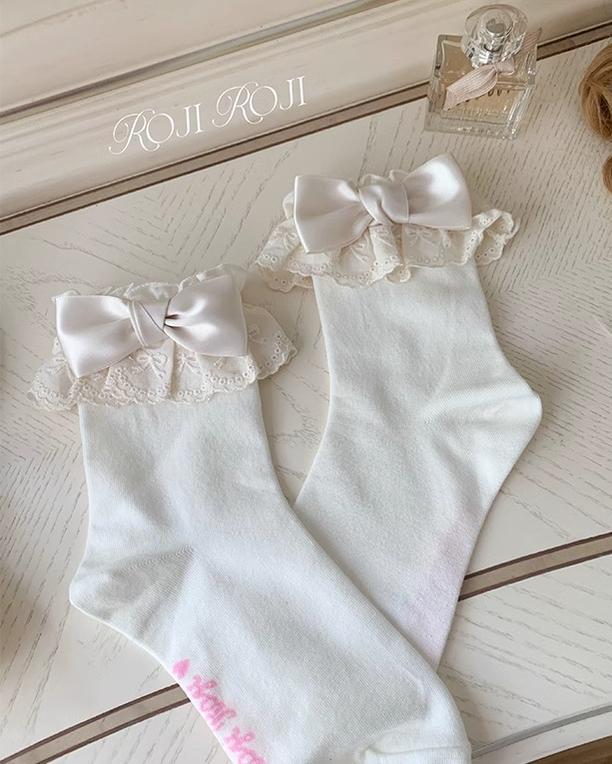 Roji Roji - Cotton Lolita Socks Lace Bow White - Socks Socks
