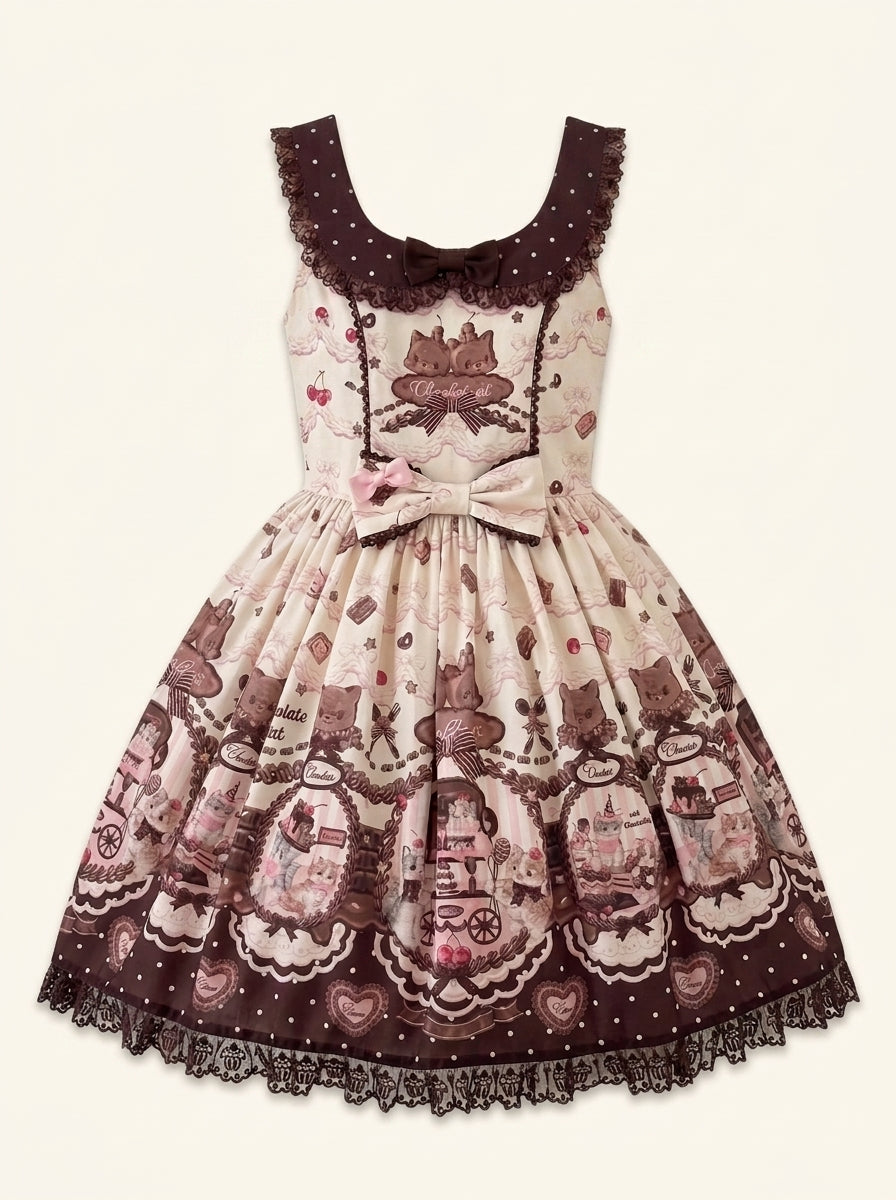 Sweet Dreams Baa-Baa chocolate cat LolitaFetch JSK dress with cute sheep and cat print on soft fabric.