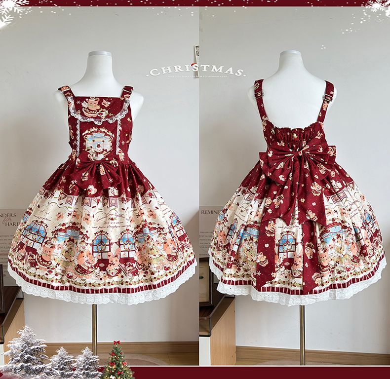 Christmas Chapter Festive Print Lolita JSK Dress - red colour