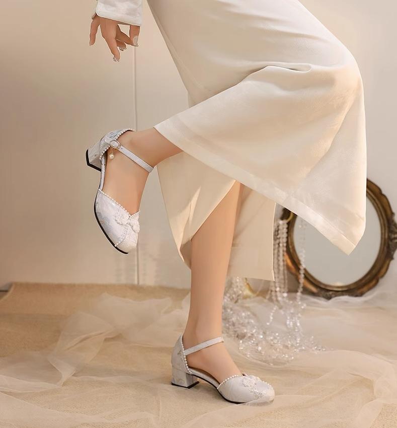 Yana - Heart Jade Yana - Pink, beige or blue Qi Lolita shoes with woven floral design and pearl ankle strap - product detail 6