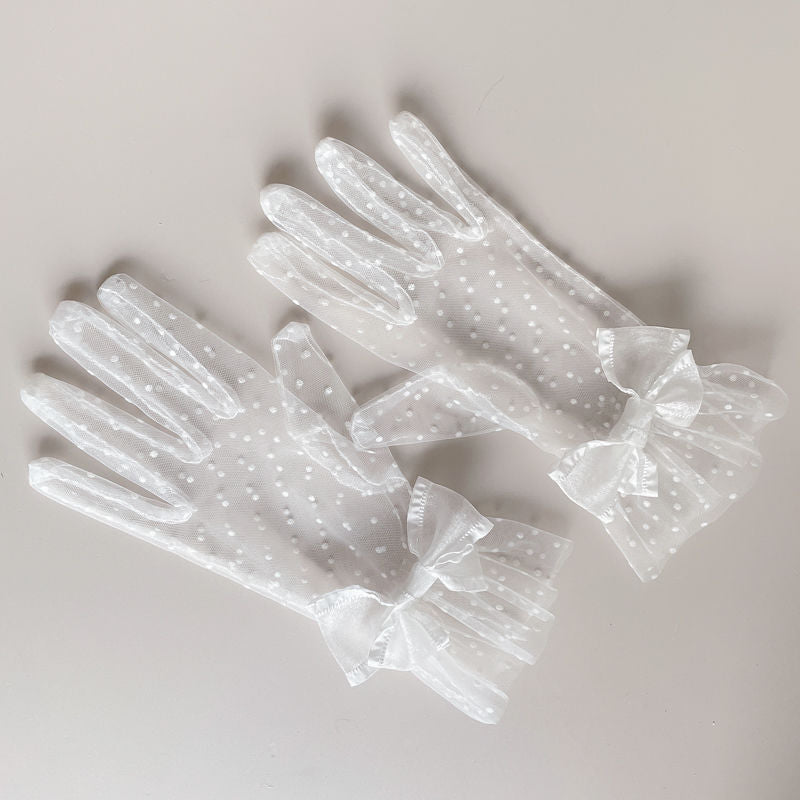 Handmade - Polka Dot Mesh Bow Gloves - Wrist-length sheer polka dot