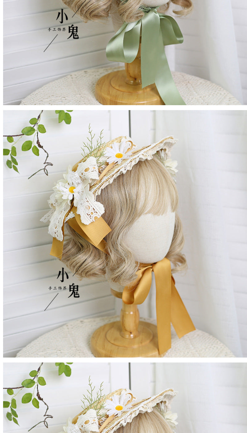 Original Lolita Straw Hat Flower Elegant Flat Hat Top Hat Bridal Tea Party Gorgeous Hat Han Western Eclectic Reminiscence - Lolita Fetch