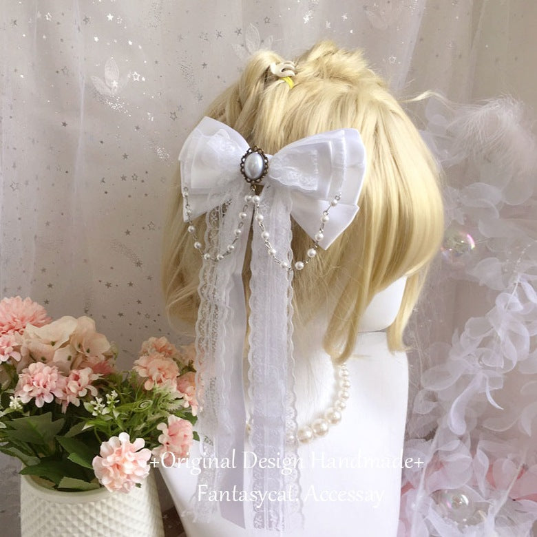 Subculture Lolita Girl Hair Clip Bow Ribbon Fairy Hair Accessory Lolita Bead Chain Hairpin Side Clip Top Clip