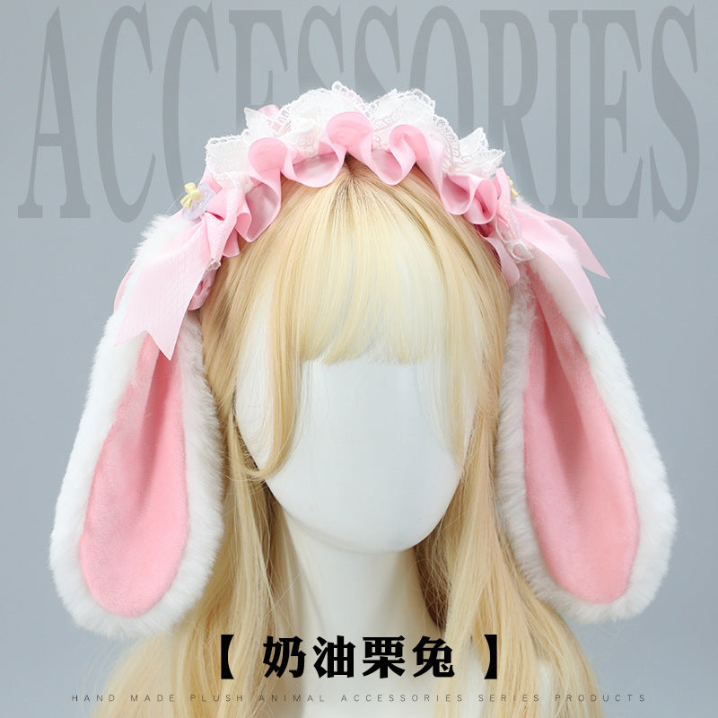 Cute Plush Lace Ribbon Lolita Headband Comic Con Cosplay Prop Realistic Rabbit Ear Hair Accessory Headband - Lolita Fetch